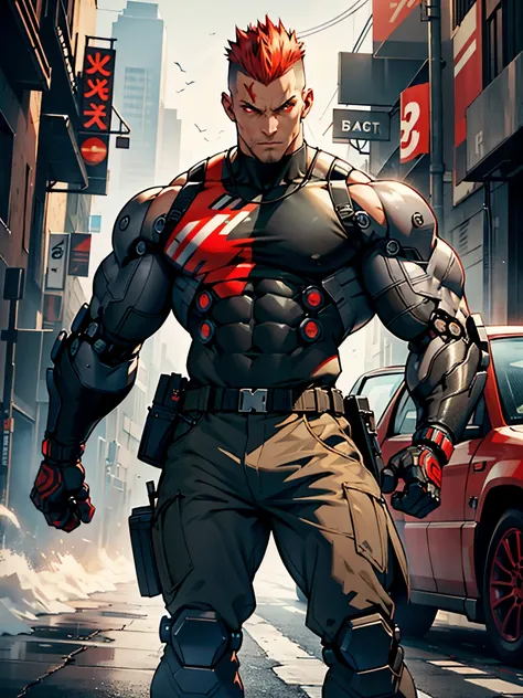 humanoid juggernauts with bulging muscles. robot, cyborg, cybernetic organism, military uniform, tank top t-shirt, combat boots, distinctive white pale skinned head and face, complete with trademark Mohawk hairstyle, red hair, red eyes, abodoned battlefiel...