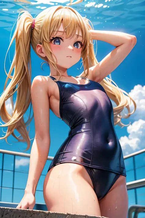 wet hair、wet body、one piece school swimsuit、Beautiful Girl Magician、blonde twintails、((whole body))、(((photo taken from below)))、pool