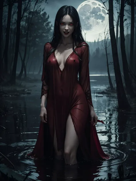 ((Night)) (moonlight) ((a deserted lake)) three Vampire women, ((three girls only)), (full body), (((red eyes and fangs))), one brunette, one blonde, one redhead, pale skin, (sexy see-thru nightgowns), (NSFW), (open mouths, blood on mouths), (evil grins, f...