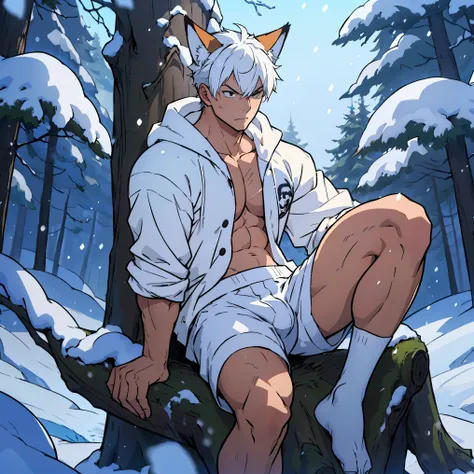 anime guy with white hair and fox ears and collar, (full body), young guy, hair with modern bangs, masculine but young, no beard...