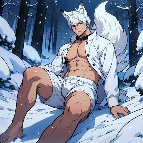 anime guy with white hair and fox ears and collar, (Full body), young guy, hair with modern bangs, masculine but young, No beard, (no clothing on upper body), just wearing white boxer shorts , lying in the middle of the snow , (Full body on display), Big b...