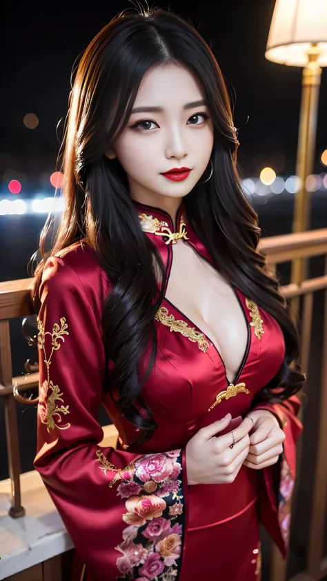 Super detailed、Japanese、charming beauty、seductive adult woman、Beautiful woman、sharp eyes、cool girl、wavy hair、long black cheongsam、wide sleeve、evilの幹部、evil depravity、brainwashing、Mind control、apply lipstick、grin、evilな表情、evil、empty eyes、evil、church at night、...