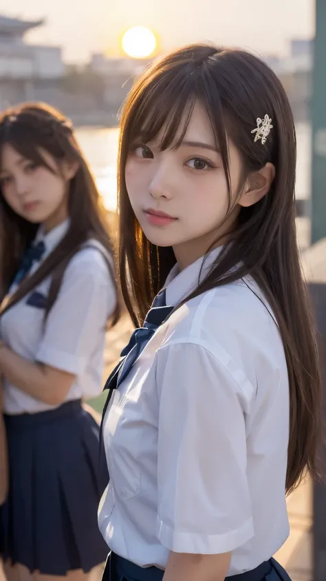 Masterpiece, 4K, bokeh, school uniform, Beautiful girls, group photo, harem, multiple girls, (Japanese idle:1.6), (Bob hair:1.3), close up, classroom, sunset, Looking at the viewer, cowboy shot