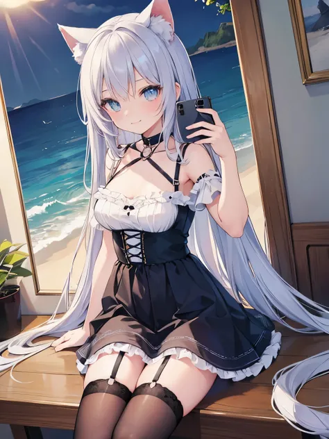 8K, Super detailed, wallpaper, masterpiece, {{{{Highest quality}}}}, beautiful,1 girl, long_hair(Same color as the sea), cat ears(Same color as the sea), cat tail(Same color as the sea), frilled choker、miniskirt_dress, bare_shoulders, garter belt,garter st...