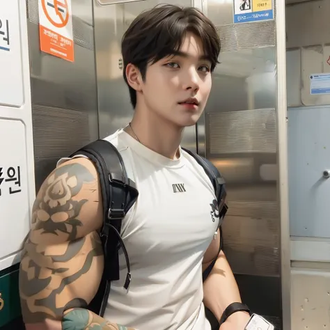 homem arafiado com uma mochila em frente a um elevador de metal, homem sul-coreano, menino musculoso coreano de 2 a 1 anos, Jinyoung Shin, hyung tae, Cai Xukun, Ulzzang masculino, Hong junho hyung, taejune kim, hyung tae kim, inspirado em Min Yoongi, yoong...