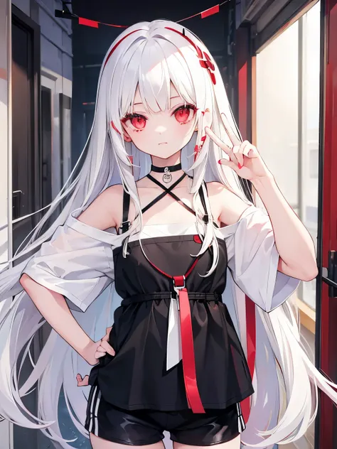 beautiful white hair、beautiful red eyes、long hair、Tube top、shorts、choker、selfie style、Self snap、piece、piece sign