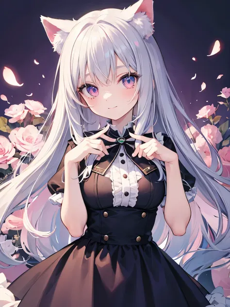 Anime girl with cat ears, There is soft white fluff inside the ears, her eyes are wide and curious, She was excited and happy to meet me., beautiful eyes, gray hair, pink eyes, good art, good picture, anime 2D, 2D, cute, two hands and five fingers on each ...