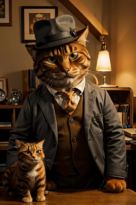 
create a image of a cat looking exactly like garfield from mowie who is a detective, wears a gray coat and a gray hat, smokes a pipe in his office, make the photo look like a frame from an old detective moviea digital rendering by Pixar, flickr, photoreal...