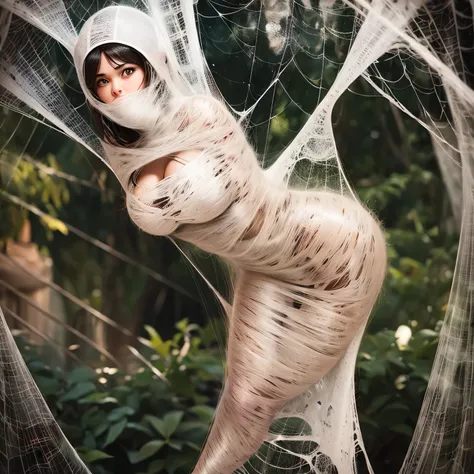 a girl entangled in the spider web, struggle, detailed classroom, (cocoon:1.3), spider web, hanging, spider in the web, spider