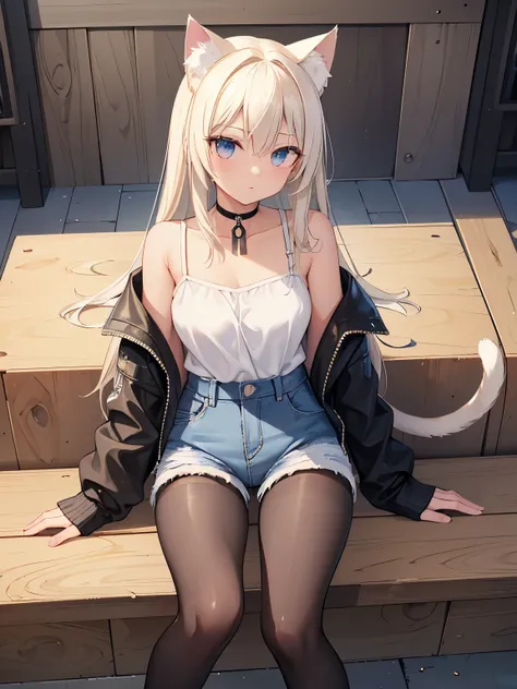 masterpiece, {{{{Highest quality}}}}, beautiful,1 girl, platinum_blonde_hair, cat ears(platinum blonde), cat tail(platinum blonde), denim short shorts, denim shorts, denim shortpants, denim, black pantyhose, pantyhose, denim shortpants, jacket, a choker