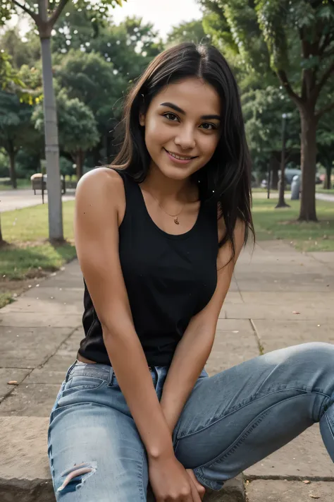 teenager girl wearing black tank top and jeans in park, black hair, black eyes, perfect face, small breast, brown skin, 23 year old, sitting, smiling face, 3 friend, looking at the camera, beautifull eyes, brown eyes