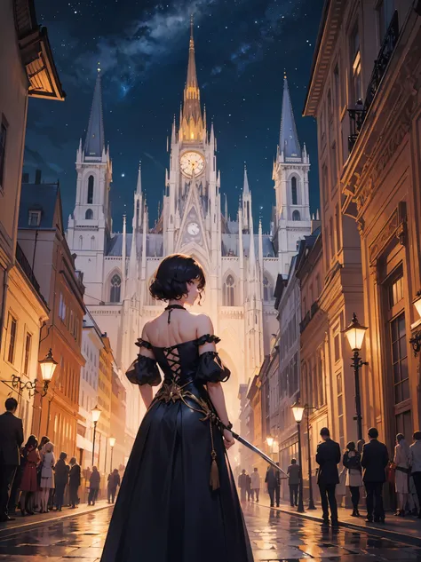 Title: "Elegance in Vienna" cowboy shot、 The illustration depicts Countess Elara standing on a moonlit rooftop in 1920s Vienna. She wears an opulent gown, her chestnut curls cascading down her back. In one hand, she holds a rapier, its blade catching the s...