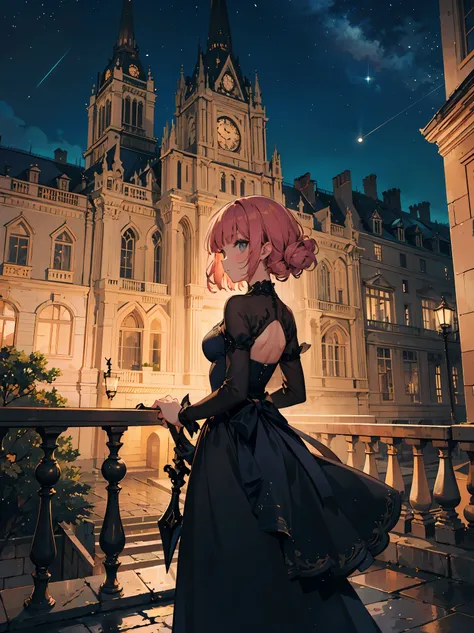 Title: "Elegance in Vienna" cowboy shot、 The illustration depicts Countess Elara standing on a moonlit rooftop in 1920s Vienna. She wears an opulent gown, her chestnut curls cascading down her back. In one hand, she holds a rapier, its blade catching the s...