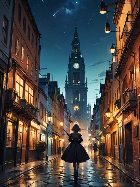 Title: "Elegance in Vienna" cowboy shot、 The illustration depicts Countess Elara standing on a moonlit rooftop in 1920s Vienna. She wears an opulent gown, her chestnut curls cascading down her back. In one hand, she holds a rapier, its blade catching the s...