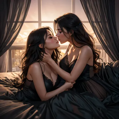 two girl kissing, see her ass,(bright lighting,romantic setting),dreamy background,,dark hair, mesmerizing gaze, , soft skin, alluring beauty, artistic portrait, high-quality image, vibrant colors,translucent black long silk gown, mosquito net, lying down,...