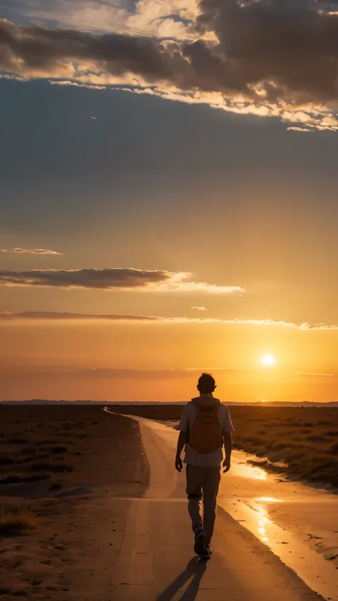 a man walks confidently towards the horizon, with the sun setting behind him, casting a warm glow. the landscape is expansive, s...