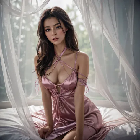 one girl tied up by another one,(bright lighting,romantic setting),dreamy background,bondage,dark hair, mesmerizing gaze, , soft skin, alluring beauty, artistic portrait, high-quality image, vibrant colors, long silk gown, in the bed, mosquito net