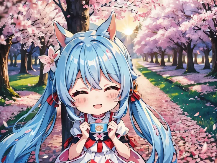 light blue long hair、Beautiful girl with twin tails、beautiful sunset、In the forest of cherry blossoms in full bloom、Cherry blossom trees at sunset、Chibi characters are also included.、Rabbit and squirrel forest friends are also with us...、Smile、cute costume...