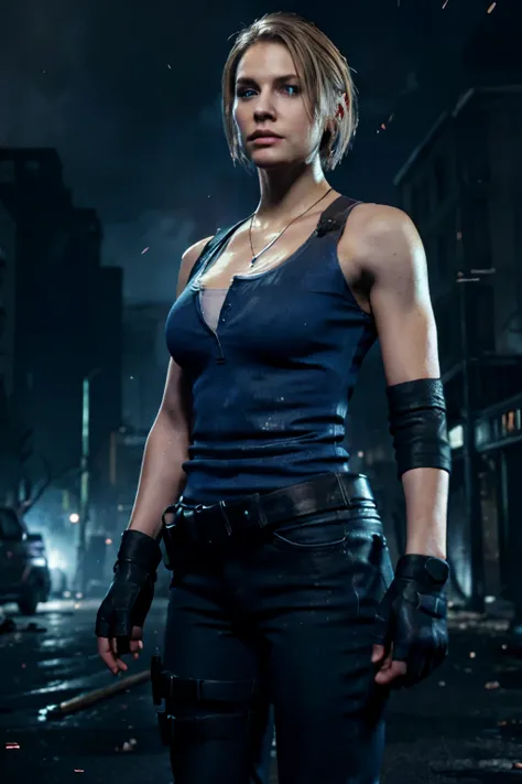 Blond Jill Valentine, Jill valentine clothes, blond hair, holding a gun on the hand, resident evil racoon city background, ultrarealistic, realistic, 8k,