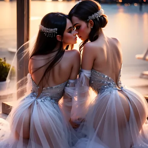 two girl kissing, see her ass,(bright lighting,romantic setting),dreamy background,bondage,dark hair, mesmerizing gaze, , soft skin, alluring beauty, artistic portrait, high-quality image, vibrant colors,translucent silk wedding dress, mosquito net,