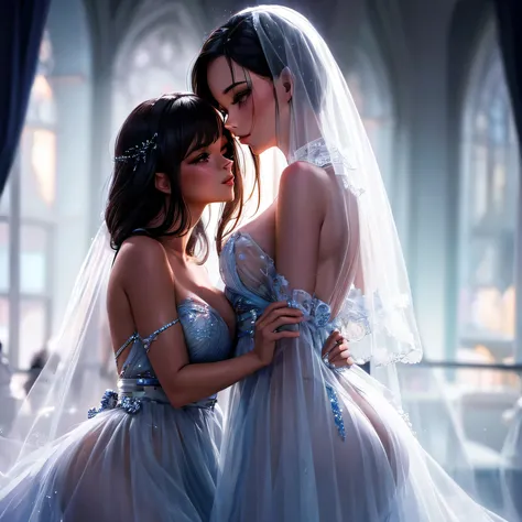 two girl kissing, see her ass,(bright lighting,romantic setting),dreamy background,bondage,dark hair, mesmerizing gaze, , soft skin, alluring beauty, artistic portrait, high-quality image, vibrant colors,translucent silk wedding dress, mosquito net,