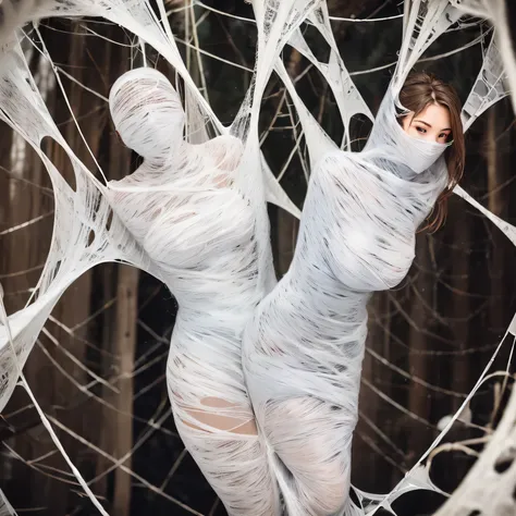 a girl entangled in the spider web, struggle, detailed classroom, (cocoon:1.3), spider web, hanging, spider in the web, spider