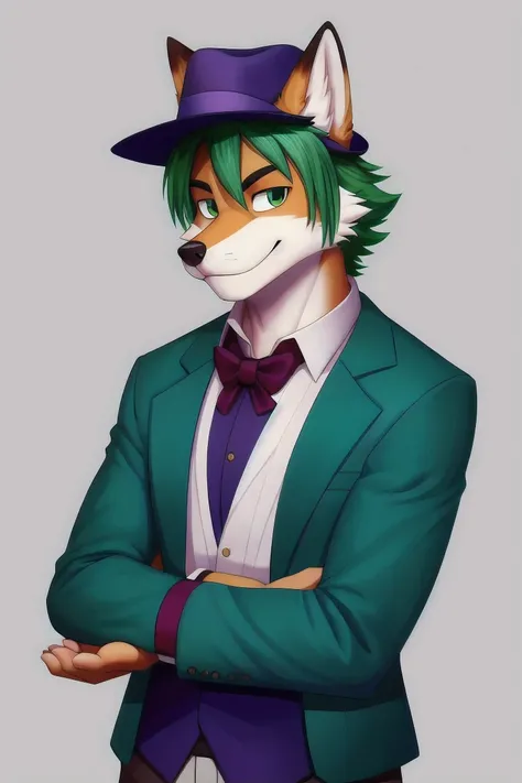 Handsome green-haired fox , Put on a hat. 