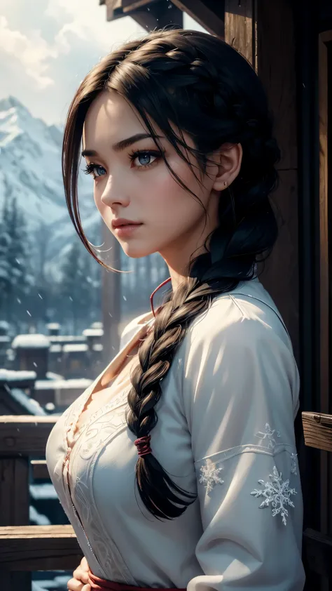 shenhedef, upper body, seductive look, blush, outdoors, snowflake scenery, looking at viewer, cloudy, moody lighting, (perfect detail eyes:1.2), glowing eyes, (long hair one braid:1.2), elemental skill effect, (Masterpiece, Best Quality, High Quality:1.4),...