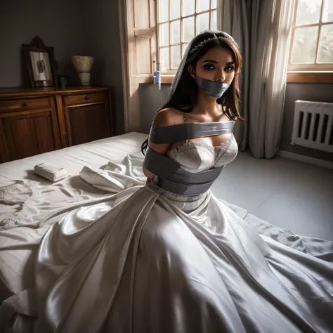 (bright lighting,romantic setting),bride captured, dreamy background,bondage,dark hair, mesmerizing gaze, , soft skin, alluring beauty, artistic portrait, high-quality image, vibrant colors, long silk gown, in the bed,tape bondage,tape gag, mosquito net, b...