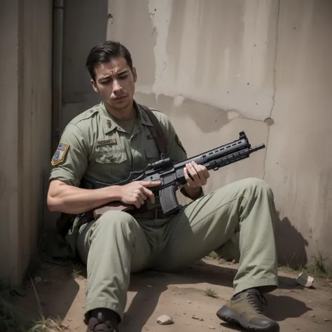 arafed soldier sitting on the ground with his rifle and a gun, solo male weary soldier, resting after a hard mission, rugged soldier, military soldier behavior, soldier under heavy fire, resting after a hard fight, ptsd, resting on a tough day, military ph...