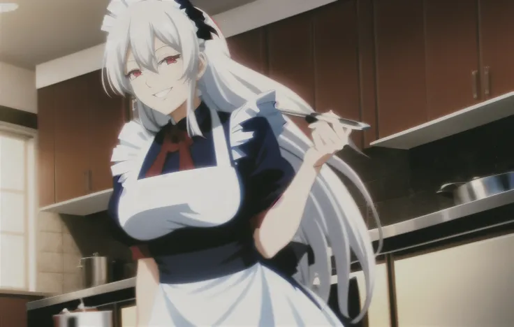 A mature woman with long white hair and red eyes wearing a maid outfit smiling in a kitchen background