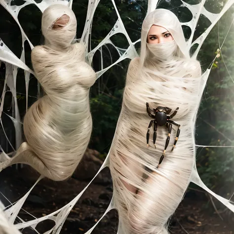 a girl entangled in the spider web, struggle, detailed classroom, (cocoon:1.3), spider web, hanging, spider in the web, spider