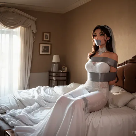 (bright lighting,romantic setting),bride captured, dreamy background,bondage,dark hair, mesmerizing gaze, , soft skin, alluring beauty, artistic portrait, high-quality image, vibrant colors, long silk gown, in the bed,tape bondage,tape gag, mosquito net, b...