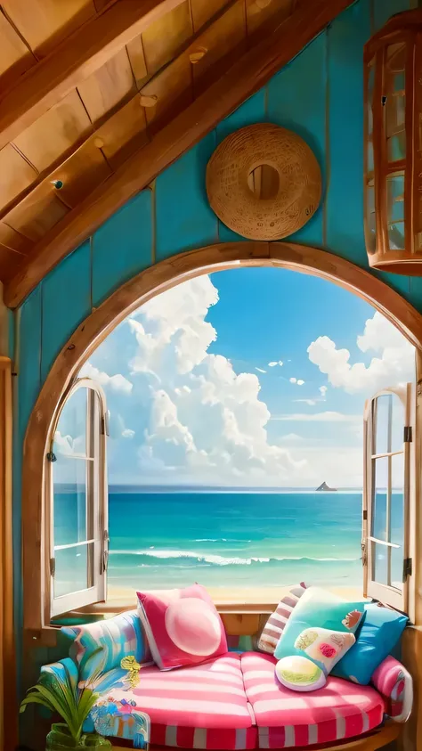 Sea view from the window、round window、sofa、daytime、pastel art、wood house、Colorful surfboards、couple sitting and holding hands