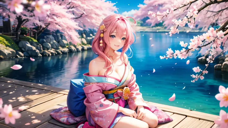 anime, one girl, colorful hair,pink hair and blue hair、 Hair is tangled, pink eyes, Kyoto, cherry blossoms、petal、moon, pink patterned kimono, off shoulder, sitting, alone,cleavage、smile