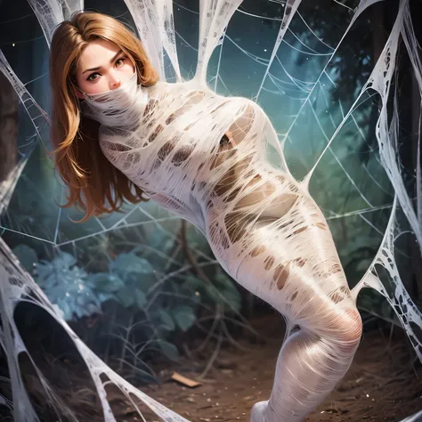 a girl entangled in the spider web, struggle, detailed classroom, (cocoon:1.3), spider web, hanging, spider in the web, spider