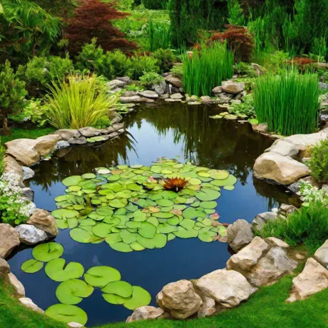 Lovely Garden Pond with stones and grass