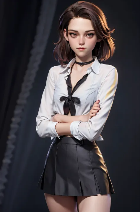 Character concept, full figure, 3DMM, kst3w, Kristin Stewart, 16 years, (One:1.1), Kristin Stewart, perfect face, (((black necklace))), (((night skirt suit))), (((pleated school miniskirt))), (((night color jacket))), (((Silk tie))), Windsor tie, (((White ...