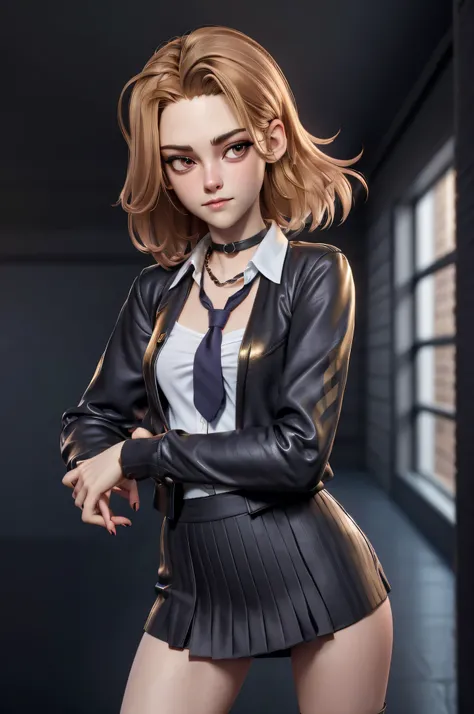 Character concept, full figure, 3DMM, kst3w, Kristin Stewart, 16 years, (One:1.1), Kristin Stewart, perfect face, (((black necklace))), (((night skirt suit))), (((pleated school miniskirt))), (((night color jacket))), (((Silk tie))), Windsor tie, (((White ...