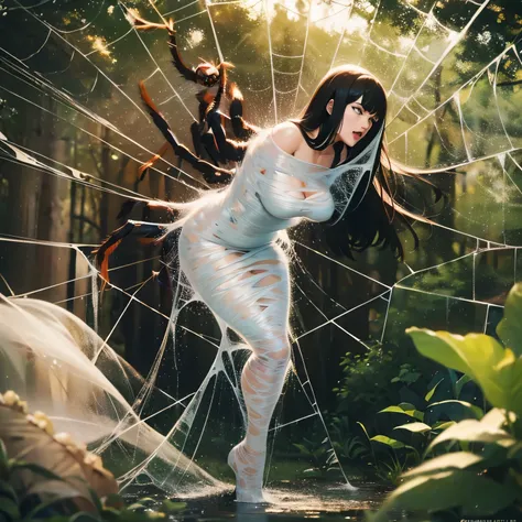 best quality,ultra-detailed,classroom,photorealistic,hanging,spiders in the web,long spider legs,beautiful girl,desperate struggle,entangled,despair,cocoon