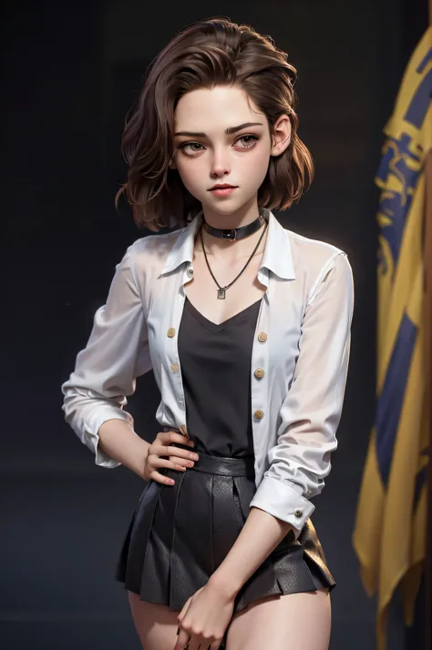 3DMM, kst3w, Kristin Stewart, 16 years, gynoid physics, (One:1.1), Kristin Stewart, perfect face, (((black necklace))), (((night skirt suit))), (((pleated school miniskirt))), (((night color jacket))), (((Silk tie))), Windsor tie, (((White shirt))), cup si...