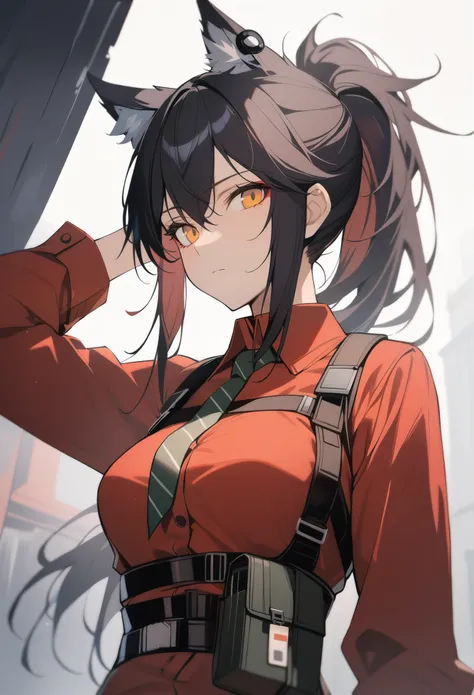 1girl, texas(willpower)(arknights), arknights, upper body, wolf ears, black hair, ponytail, yellow eyes, looking at viewer, expressionless, red shirt, chest harness, underbust, nacktie, masterpiece, best quality