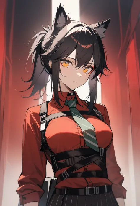 1girl, texas(willpower)(arknights), arknights, upper body, wolf ears, black hair, ponytail, yellow eyes, looking at viewer, expressionless, red shirt, chest harness, underbust, nacktie, masterpiece, best quality