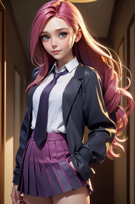 l1z0l, Elizabeth Olsen, 16 years, gynoid physics, (One:1.1), Elizabeth Olsen, perfect face, (((night skirt suit))), (((pleated school miniskirt))), (((night color jacket))), (((Silk tie))), Windsor tie, (((White shirt))), cup size four, (((Night color mini...