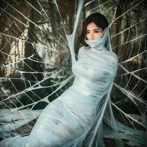 1girl,web covered with dew, dimly lit, eerie atmosphere, dark colors, dusty chalkboard, old desks and chairs, broken windows, torn textbooks, abandoned spiders nest, 2 students in the background studying diligently, rays of sunlight filtering through the c...