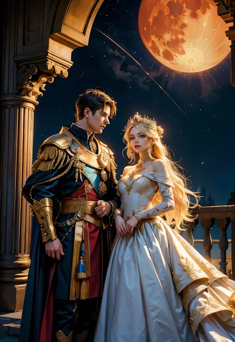 couple photo of two people(masterepiece, of the highest quality, Best Quality, Official art, Beautiful and aesthetic:1.2), (1girl in), highly detailed,(Fractal Art:1.3),Colorful,highest details, she has long blonde hair and blue eyes, she is a queen and ha...