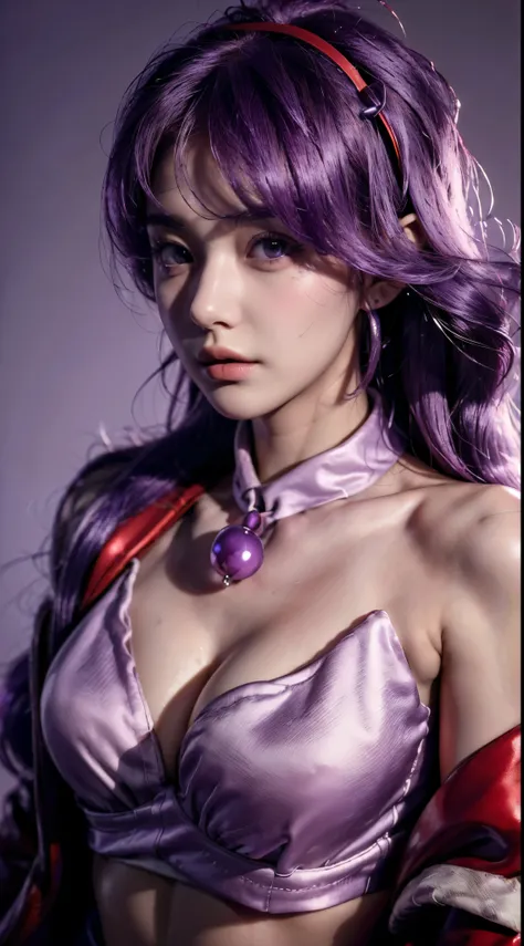 (photorealistic:1.4), best quality, masterpiece, ultra high res, 1girl, (detailed face:1.2), (detailed hair:1.2), (detailed clothes:1.2), 4k, (detailed color:1.2), (purple hair), white bra, cleavage, bare shoulder,