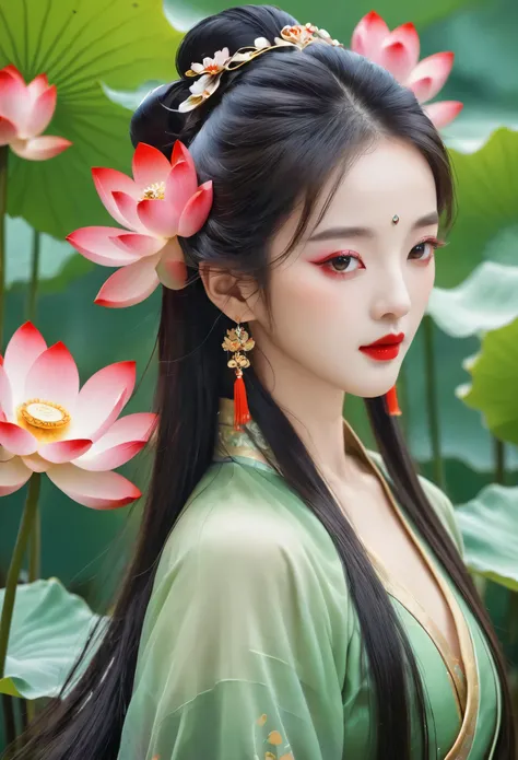 Chinese meticulous painting,Draw a beautiful girl,long black hair,exquisite makeup,red eye shadow,red lips,lotus leaf,lotus,clean background,smooth lines,