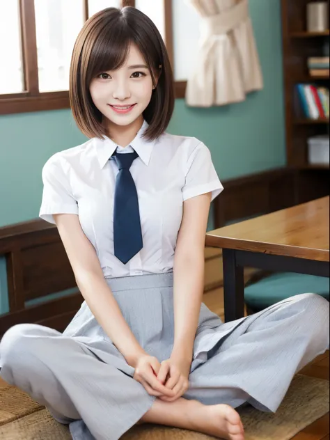 table top、highest quality、Super fine、((18 year old girl、beautiful detailed girl))、smile、short hair、Beautifully detailed eyes and face、highly detailed eyes、Well-groomed and cute face:1.2、Japanese、japanese goddess、small head、With a round face、High resolution...