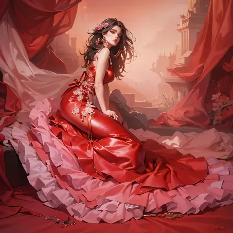 Beautiful woman in vey long translucent red satin dress